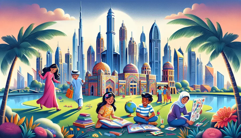 An illustration depicting Dubai's education system, highlighting both public and private schools.