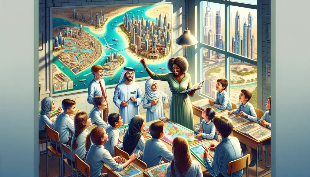 An illustration showing primary and secondary education in Dubai, highlighting students in classroom settings.