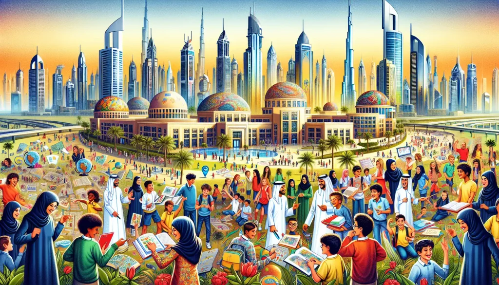 An illustration depicting the education system in Dubai, showcasing various schools and educational facilities.